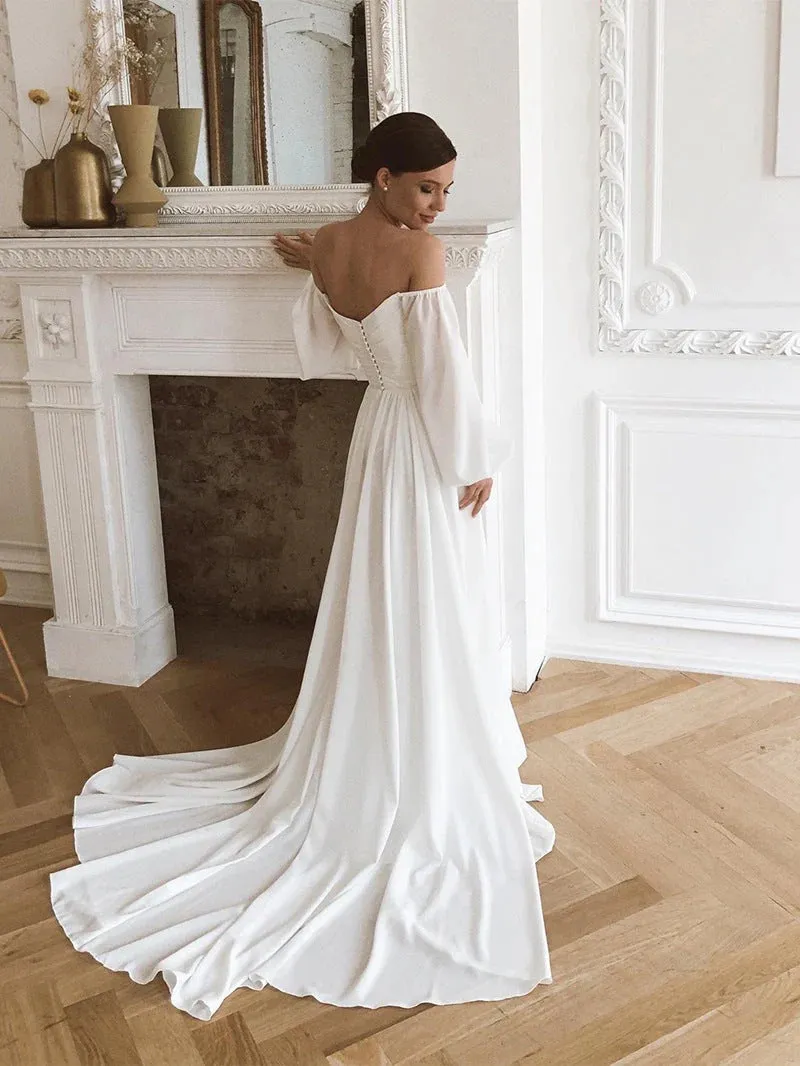 Off the Shoulder Chiffon Beach Long-Sleeve Wedding Dresses