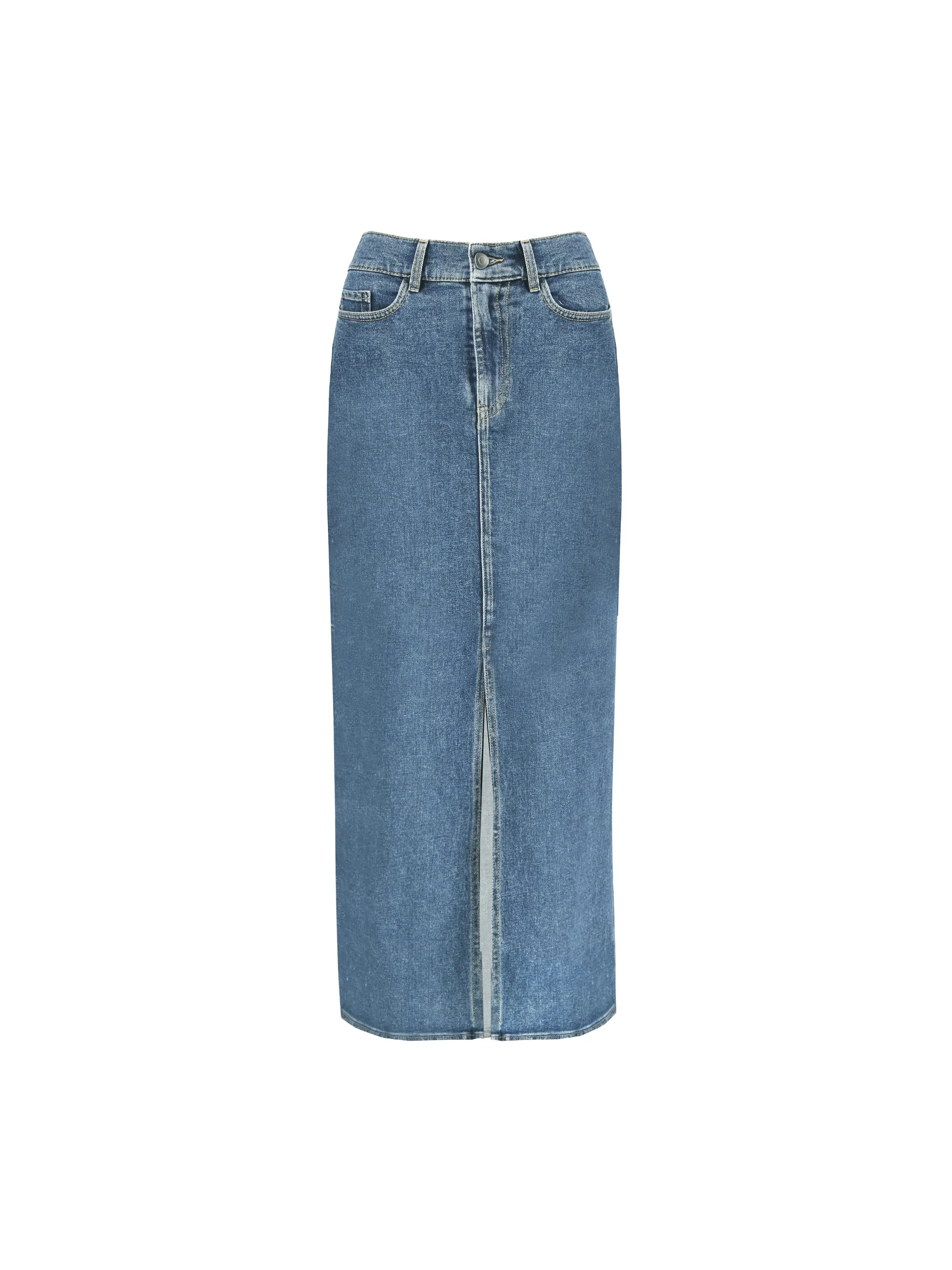 Petite Mid Wash Blue Denim Midaxi Skirt