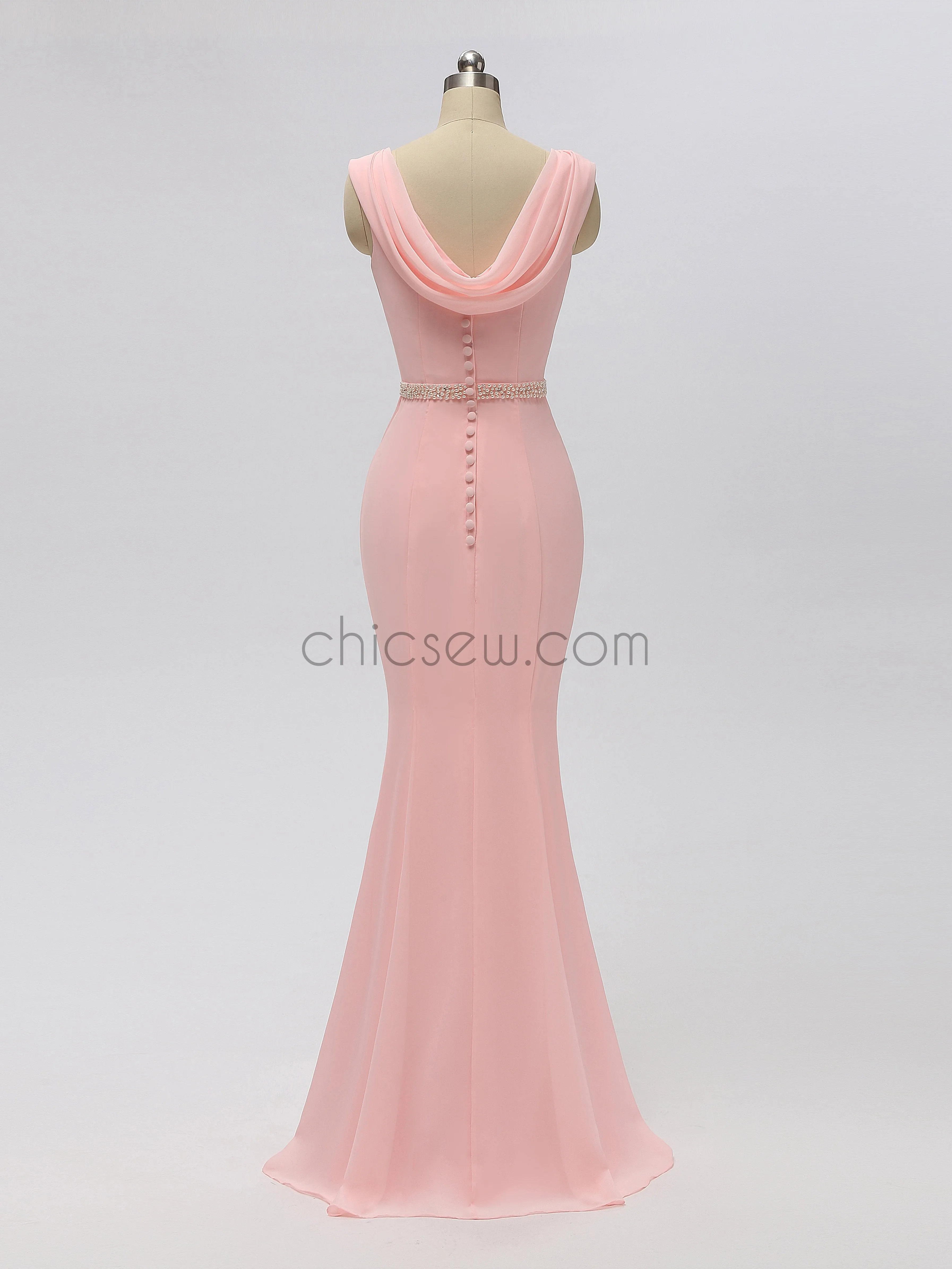 Pink Chiffon Mermaid Backless Beaded Bridesmaid Dresses, YKX021