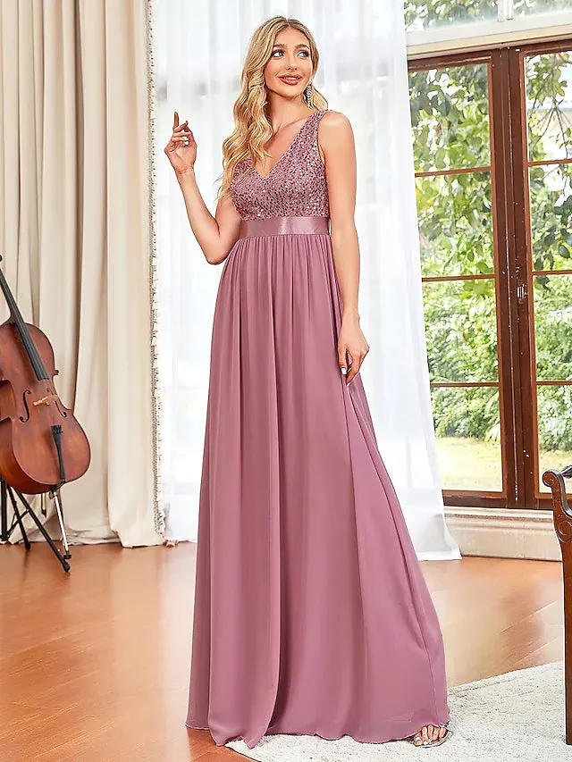 Prom Dresses Elegant Dress Wedding Guest Floor Length Sleeveless V Neck Chiffon V Back with Draping