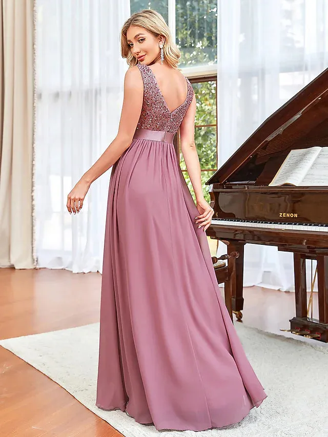 Prom Dresses Elegant Dress Wedding Guest Floor Length Sleeveless V Neck Chiffon V Back with Draping