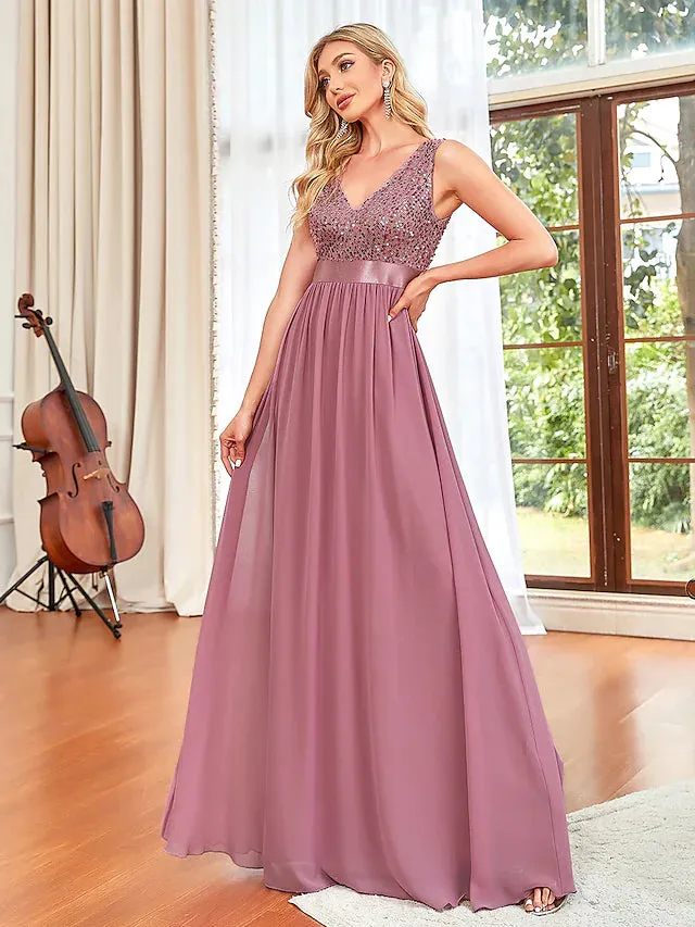 Prom Dresses Elegant Dress Wedding Guest Floor Length Sleeveless V Neck Chiffon V Back with Draping