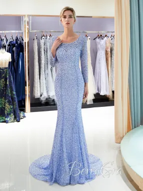 Round Neckline Long Sleeves Prom Dresses, Mermaid Rhinestone Prom Dresses, Formal Dresses, Open Back Prom Dresses, Formal Dresses, Evening Dresses, Newest Prom Dresses