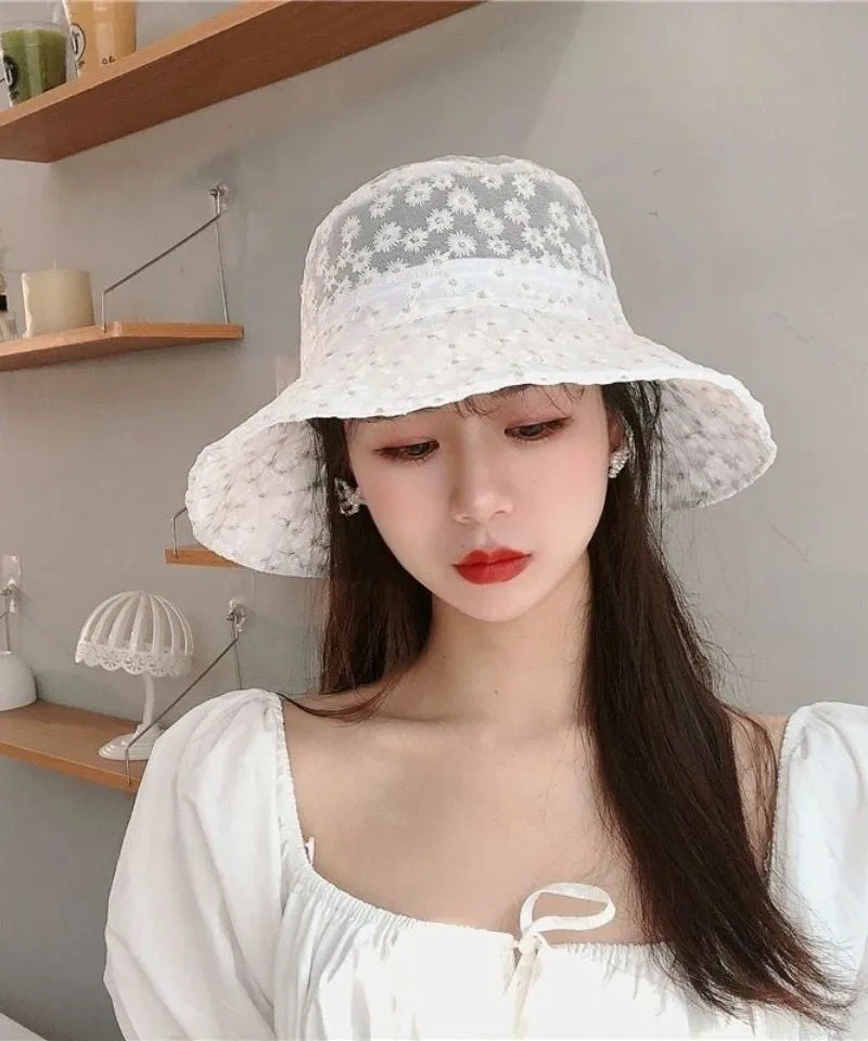 Simple White Daisy Lace Patchwork Embroideried Floppy Sun Hat LY523