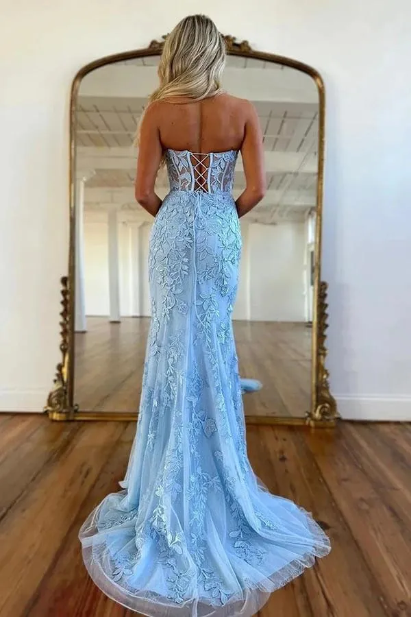 Sky Blue Strapless Mermaid Sweetheart Prom Dresses With Lace Appliques, SP984