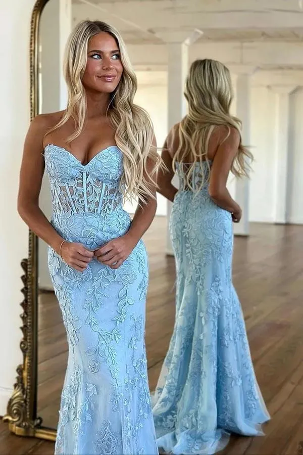 Sky Blue Strapless Mermaid Sweetheart Prom Dresses With Lace Appliques, SP984