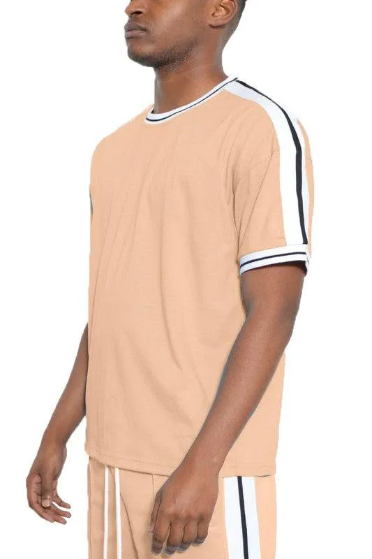 Striped Tape Short Sleeve Round Neck Shirts