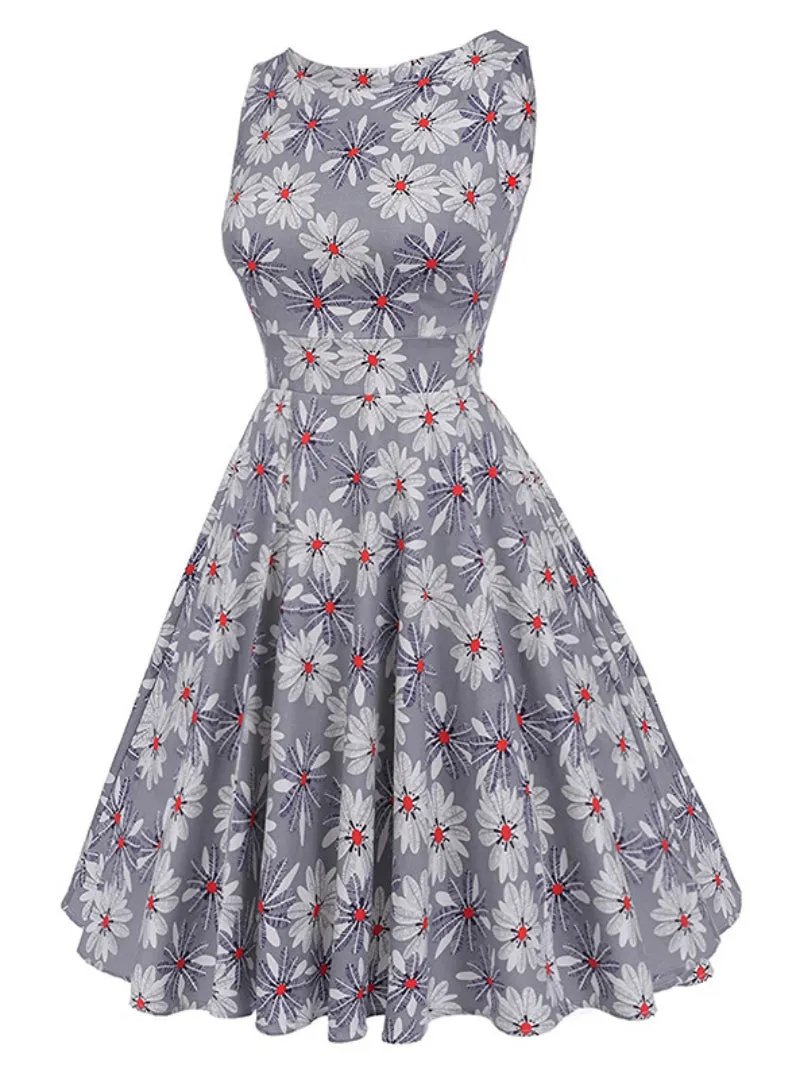 TastyHottie - Gray Print Dress Belt Elegant Rockabilly Party Dresses Sundress