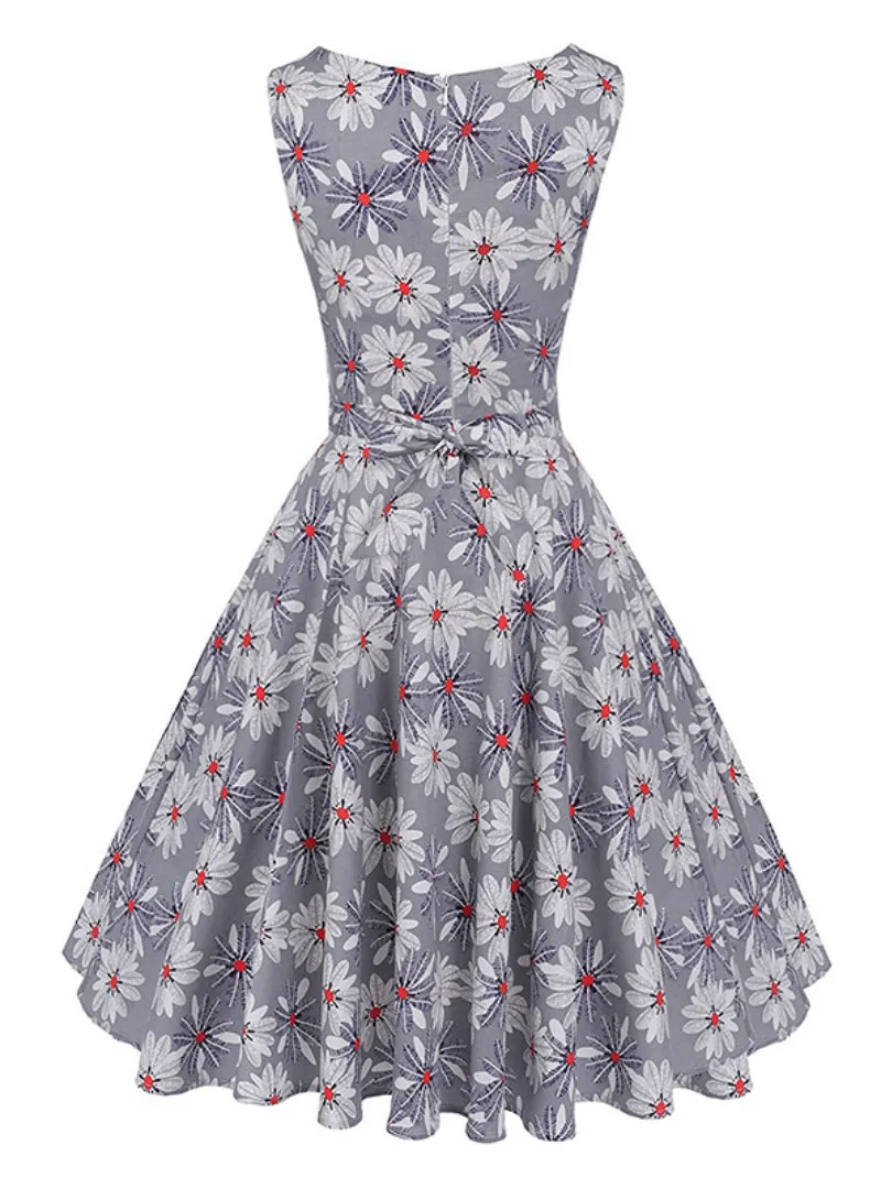 TastyHottie - Gray Print Dress Belt Elegant Rockabilly Party Dresses Sundress