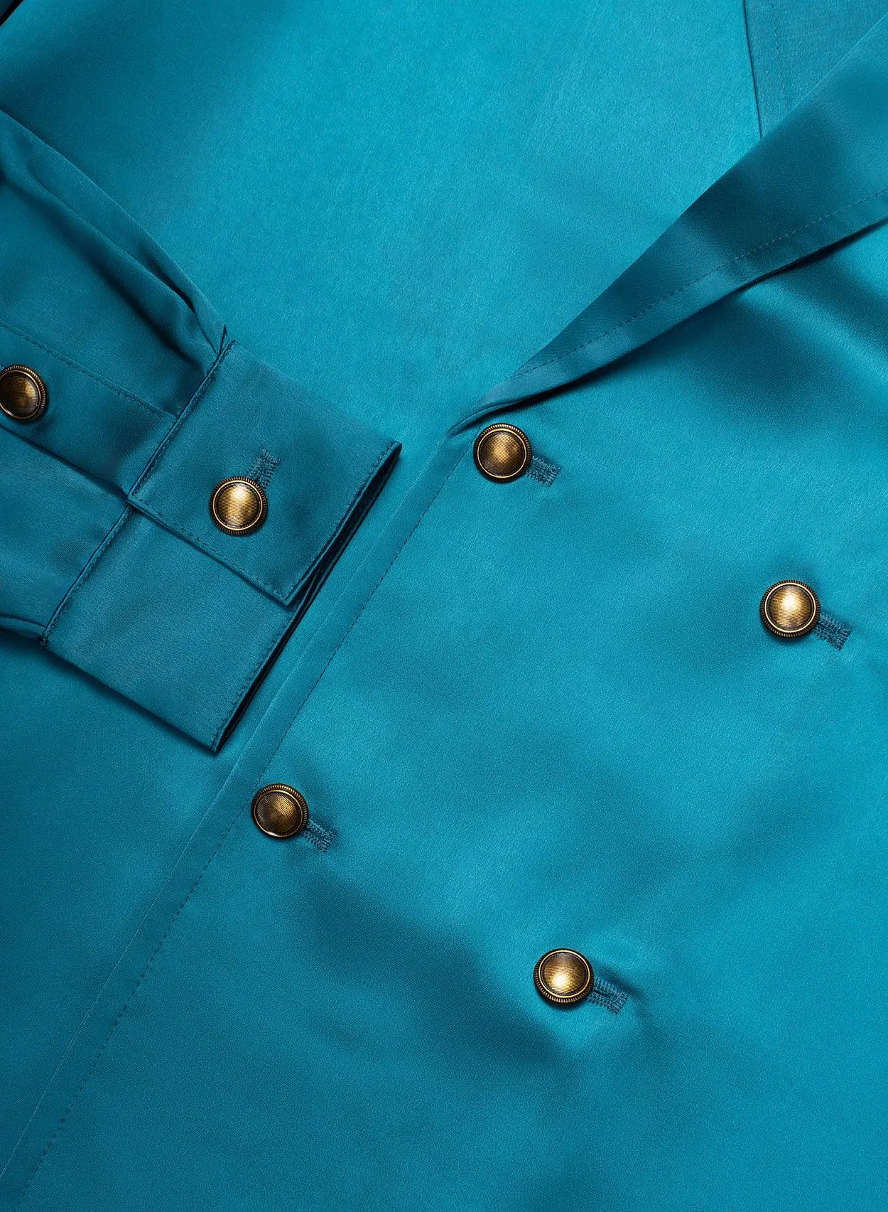 Teal Blue Double Breasted Silver Button Satin Shirt