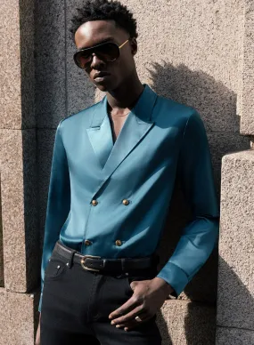 Teal Blue Double Breasted Silver Button Satin Shirt