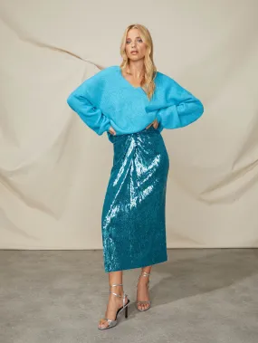 Teal Sequin Twist Front Skirt