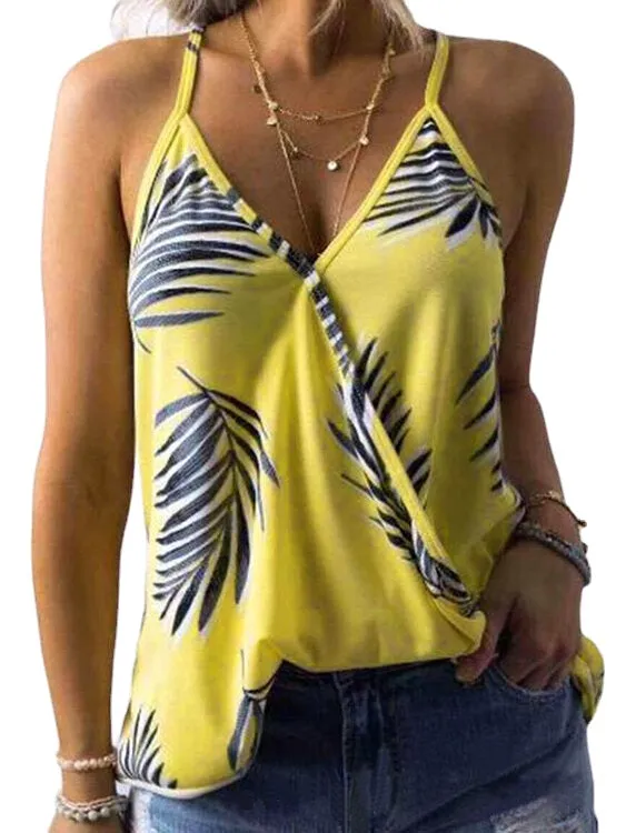 Tropical Plant Print V-neck Sleeveless Summer Hawaii Tank Tops