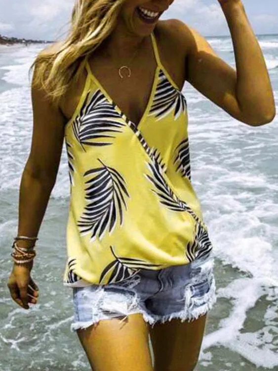 Tropical Plant Print V-neck Sleeveless Summer Hawaii Tank Tops