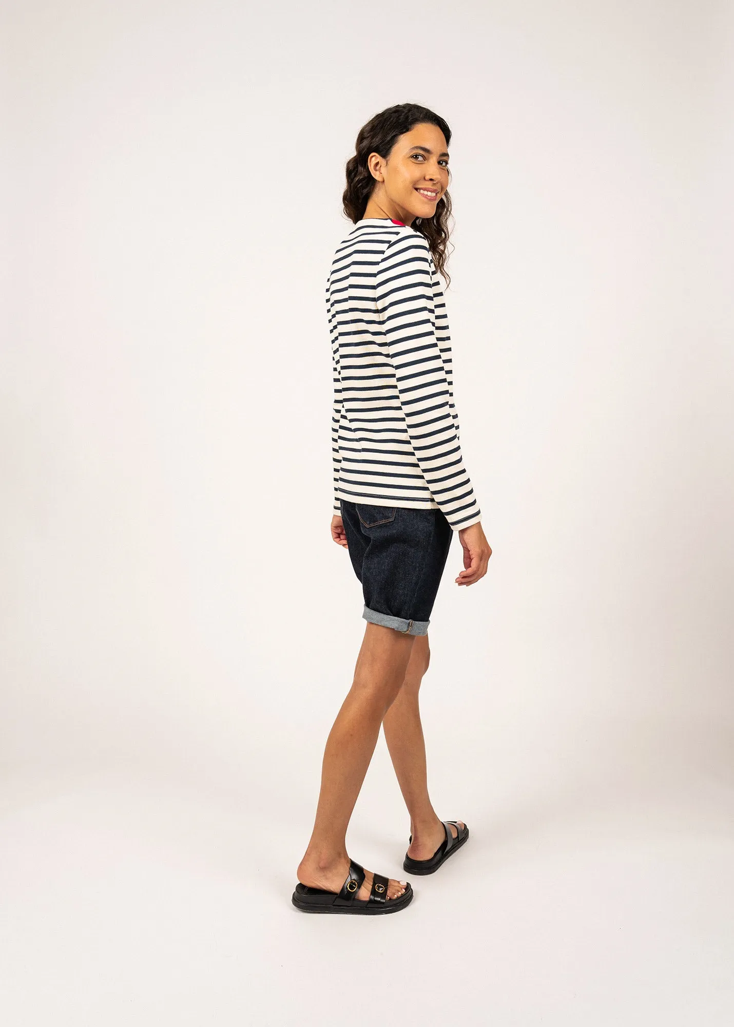 Vire sailor striped shirt with a contrasting collar - in thick cotton jersey (ECRU/MARINE/TULIPE)