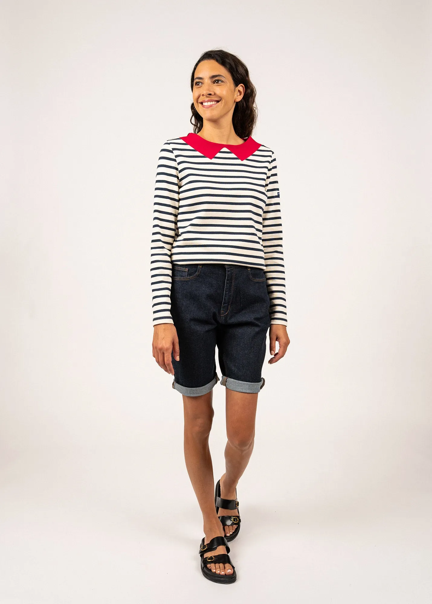 Vire sailor striped shirt with a contrasting collar - in thick cotton jersey (ECRU/MARINE/TULIPE)