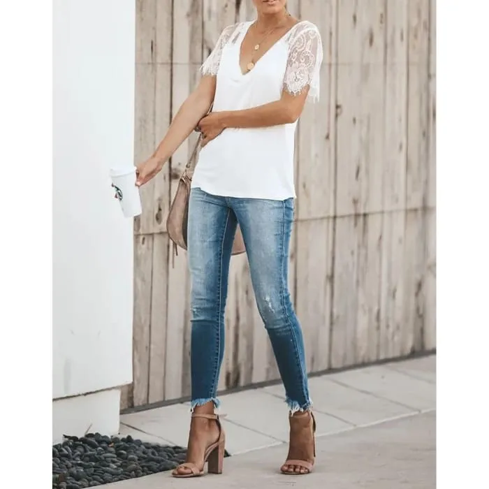 White Lace Sleeve V-Neck