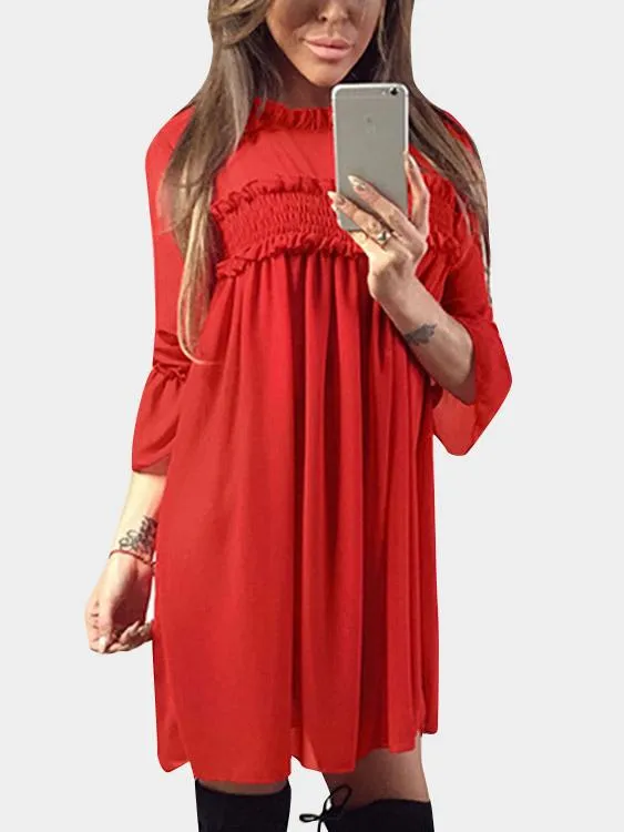 Wholesale Crew Neck 3/4 Length Sleeve Plain Cut Out Chiffon High-Waisted Dresses