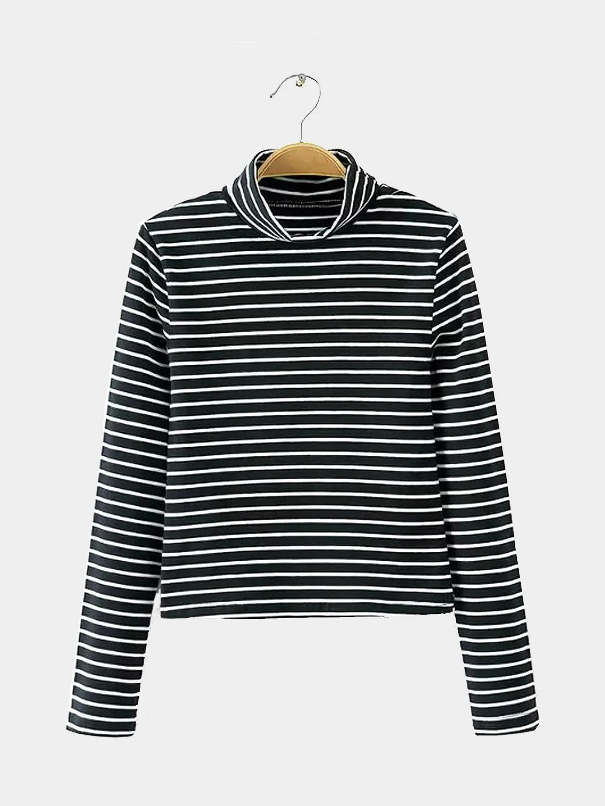 Wholesale Perkins Collar Stripe Long Sleeve Black Top