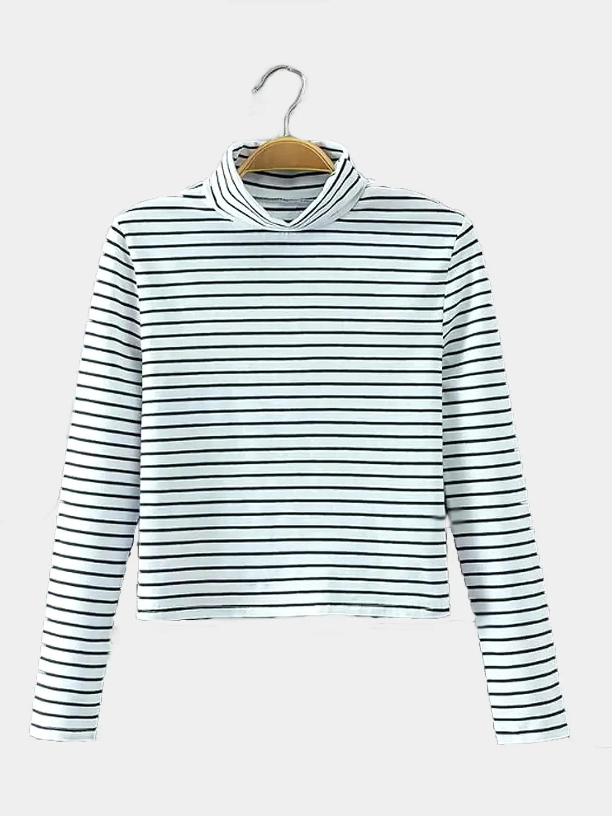 Wholesale Perkins Collar Stripe Long Sleeve Black Top