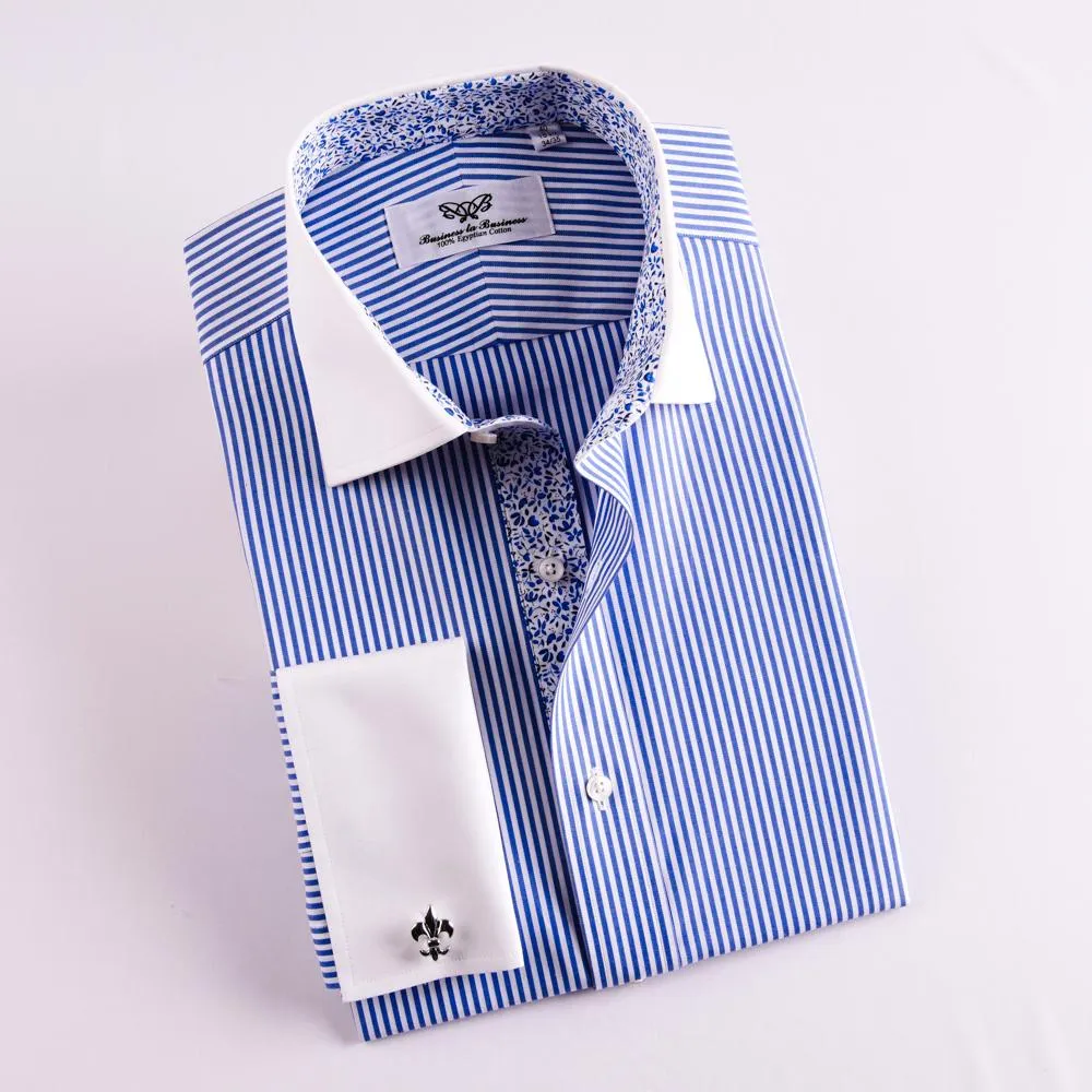 Winchester Blue Striped Dress Shirt Formal Contrast Collar and French Cuff Business Fashion Design