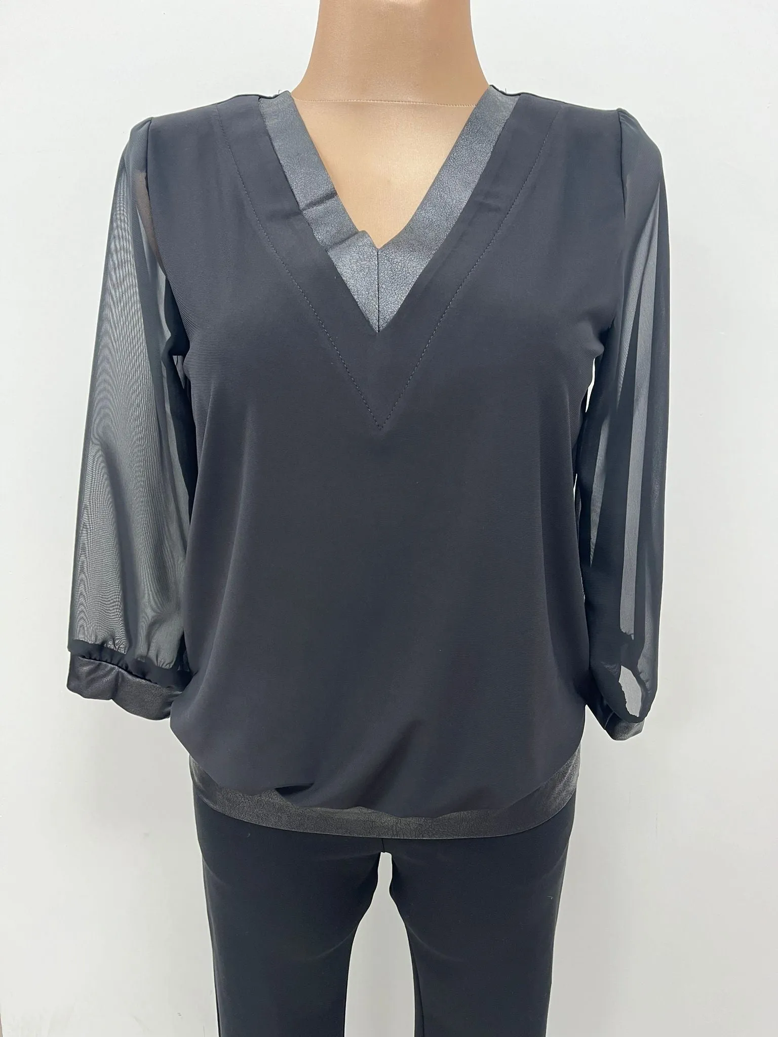 Yew Amanda  V Neck Top with Sheer Sleeve Royal Blue or Black 34