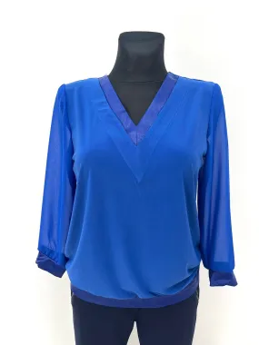 Yew Amanda  V Neck Top with Sheer Sleeve Royal Blue or Black 34